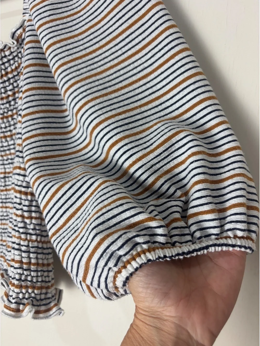 LOFT Womens Medium Smocked Stripe Puff Sleeve Top Cottagecore Coastal Boho
